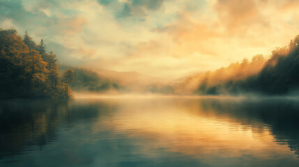Fototapeta premium A fairy-tale landscape in soft pastel clouds floating over a quiet lake