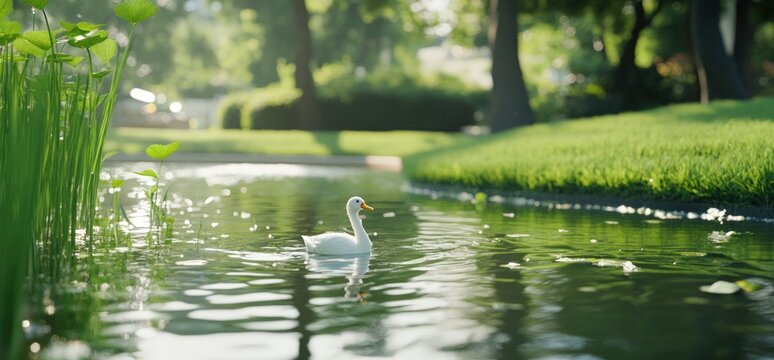 White duck swimming peacefully in a green pond on a bright day reflecting the serene natural environment and lush surrounding foliage