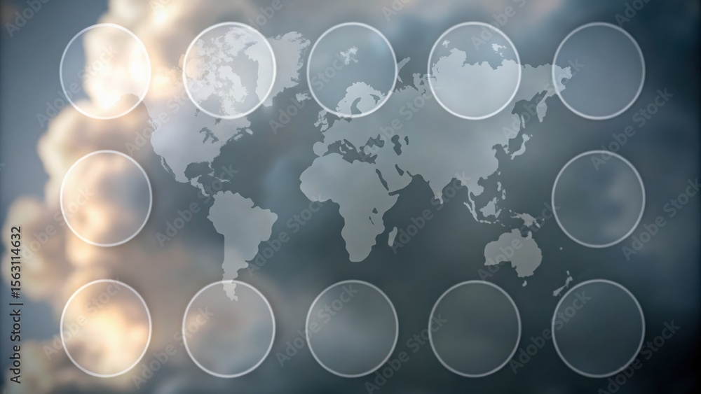 Poster a world map with circular interface icons overlaid, set against a cloudy sky background.