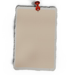 off-white rectangular note pinned to with a red pushpin. The paper has slightly ragged, white edges...