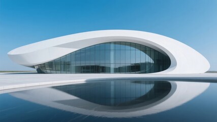 Fototapeta premium Modern Curved Building with Reflective Pool Under Clear Sky