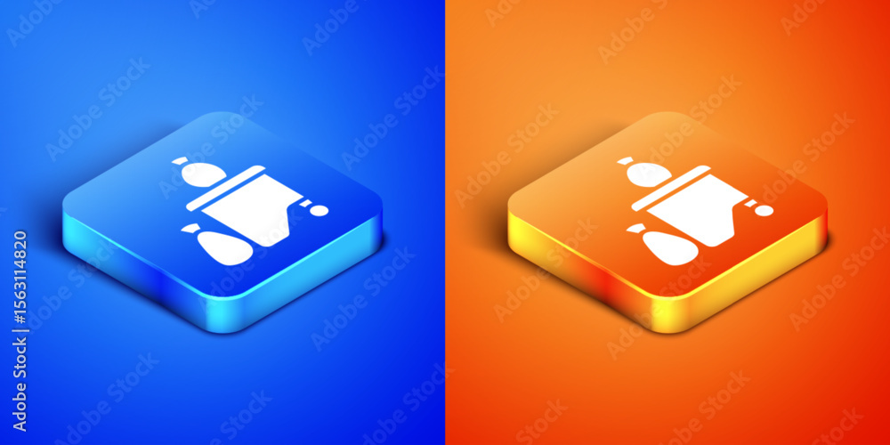 Poster isometric dumpsters being full with garbage icon isolated on blue and orange background. garbage is 