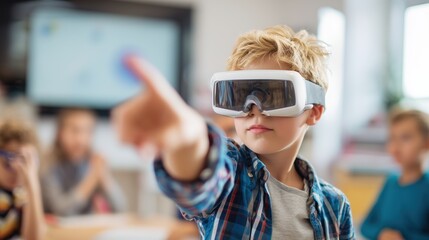 Child exploring virtual reality in classroom