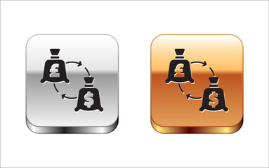 Black Currency exchange icon isolated on white background. Euro and Dollar cash transfer symbol. Banking currency sign. Silver-gold square button. Vector