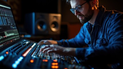 Man with glasses using audio mixing console in recording studio with speaker in the background