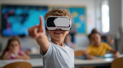 Child exploring virtual reality in classroom