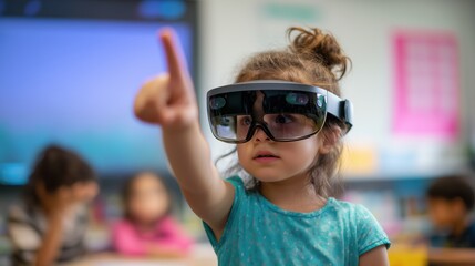 Child exploring virtual reality in classroom