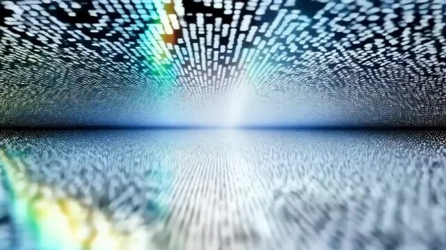 A vast expanse of binary code stretches into the distance, creating a digital landscape of data and information