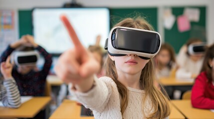 Child exploring virtual reality in classroom
