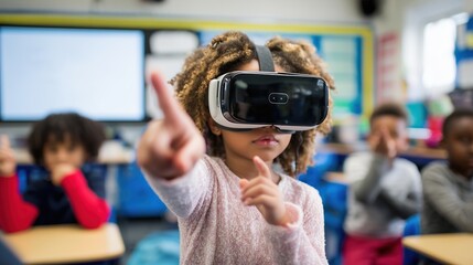 Child exploring virtual reality in classroom