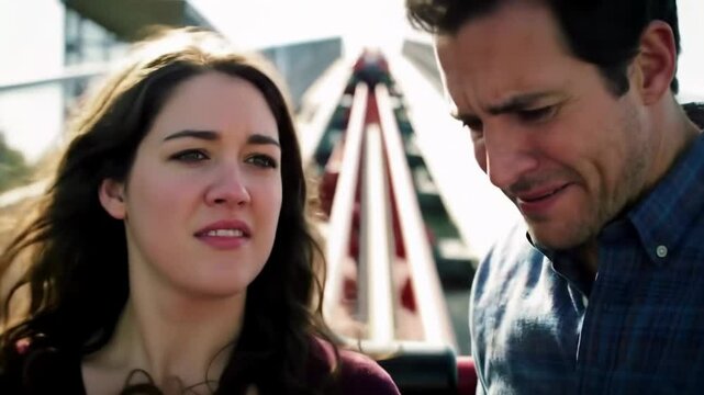 Nervous man holding out an engagement ring while riding a roller coaster with his girlfriend, both screaming with excitement and surprise