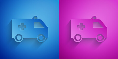 Paper cut Ambulance and emergency car icon isolated on blue and purple background. Ambulance vehicle medical evacuation. Paper art style. Vector