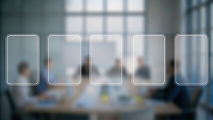 Business team in a modern office meeting room with digital interface overlay and blurred background.