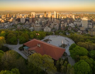 Aerial view of Montreal, Canada, from Mount Royal. Tourists visit the Kondiaronk Belvedere for...