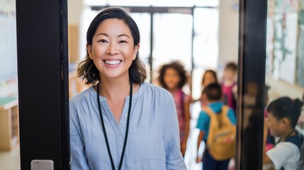 Smiling teacher greeting children at classroom door