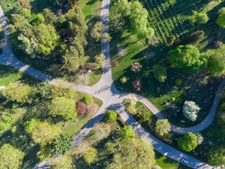 Aerial view of Mont Royal Cemetery, Montreal, Quebec, Canada. Headstones mark graves among green...