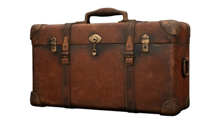 Old vintage brown leather suitcase isolated on white background