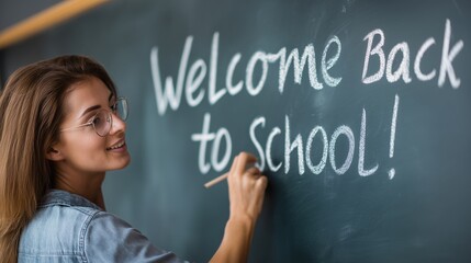 Teacher writing welcome message on board