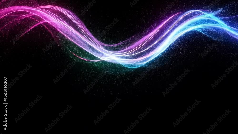 Poster a dynamic wave of pink and blue particles flows across a dark background, creating an abstract and e