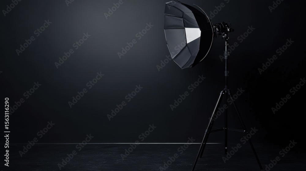 Poster a studio light with black reflector and stand is positioned against a dark and moody background sett