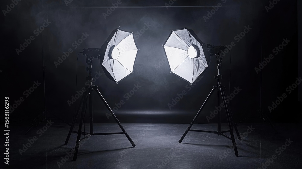 Poster two studio lights with softboxes on stands in a dark room creating a bright illuminated space