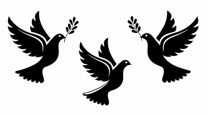 Obraz premium Three black doves flying with olive branch in their beaks symbolizing peace and harmony in the world