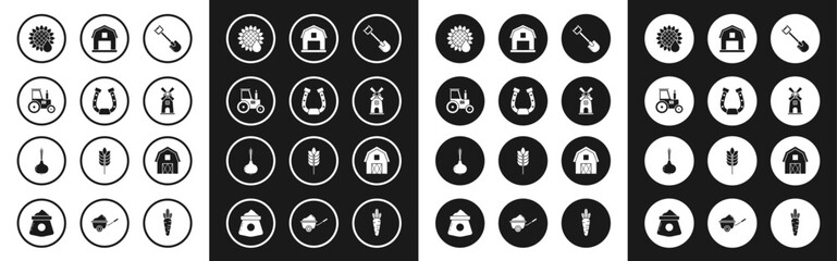 Set Shovel, Horseshoe, Tractor, Sunflower, Windmill, Farm House concept, and Onion icon. Vector