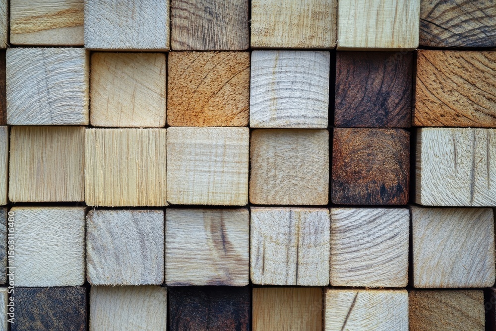 Poster an overhead view of a pattern of wooden blocks with different wood grains and varying colors of wood