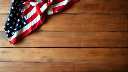 Obraz premium Top View of Rustic Wooden Table with Draped American Flag and Clean Corner Space for Message Overlay