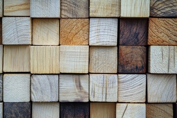 An overhead view of a pattern of wooden blocks with different wood grains and varying colors of wood