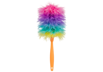 A vibrant feather duster with rainbow colors and an orange handle stands out against transparent background, perfect for cleaning tasks.