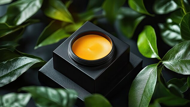 A small, square, yellow candle sits atop a tiered black stand, surrounded by lush green leaves