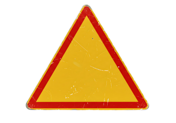 Yellow triangular warning sign with red border, conveying caution, danger, or alert on transparent background with a slightly distressed look.