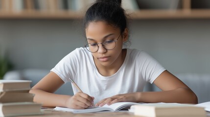 Teen girl writing at desk with books in background