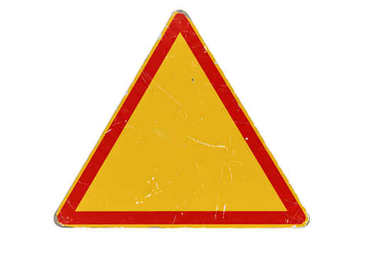 Yellow triangular warning sign with red border, conveying caution, danger, or alert on transparent background with a slightly distressed look.
