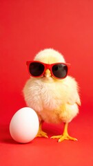 Cool Chick, A Yellow Baby Chicken Wearing Red Sunglasses Stands Next to a White Egg on a Red Background