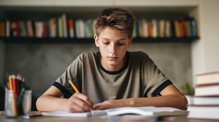 Teen boy writing at desk with books in background