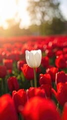 White tulip stands out amidst a vibrant field of red tulips bathed in the warm glow of sunlight, symbolizing uniqueness and beauty