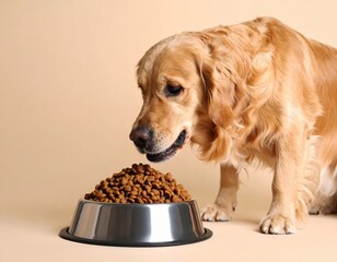 Golden Retriever Eagerly Anticipates a Delicious Meal of Dry Kibble in a Shiny Silver Bowl