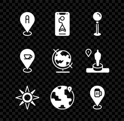 Set Location, City map navigation, Push pin, Wind rose, the globe, Alcohol or beer bar location, with coffee cup and Earth icon. Vector