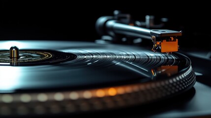 A close up shot of a vinyl record player with the needle on the record in a dark environment