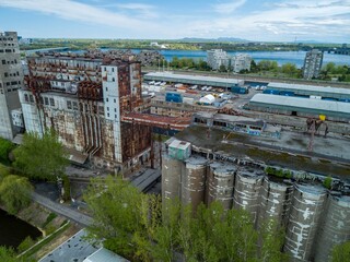 Aerial view of the abandoned Silo No. 5 grain elevator in Montreal, Canada. The derelict industrial...