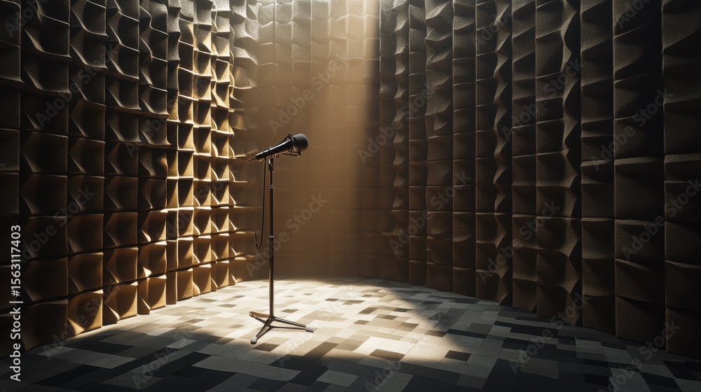 Poster a microphone on a stand in a soundproofed room with textured walls and patterned flooring illuminate
