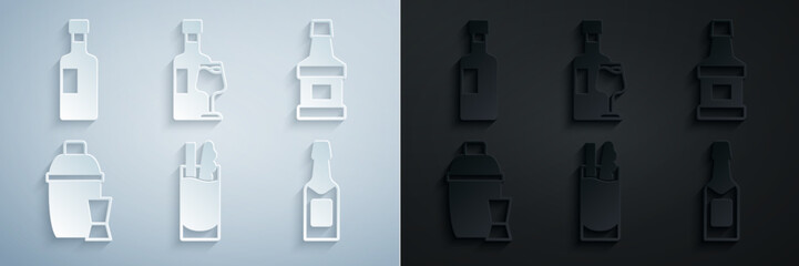 Set Cocktail Bloody Mary, Whiskey bottle, shaker, Champagne, Wine with glass and icon. Vector