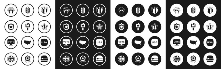 Fototapeta premium Set Shield with stars, American football goal post, Indian headdress feathers, USA Independence day, Hotdog sandwich, and Vote icon. Vector