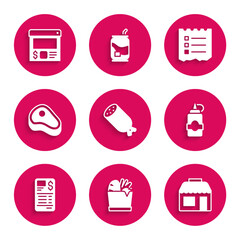 Set Salami sausage, Shopping bag and food, Market store, Sauce bottle, Paper financial check, Steak meat, list and Online ordering delivery icon. Vector