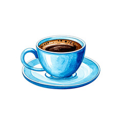 A hot cup of dark espresso with a rich brown aroma, isolated on a white background with its saucer, ready for a morning break