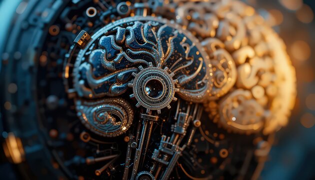 Detailed mechanical brain with gears and intricate metalwork in a steampunk style design concept
