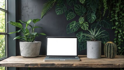 Modern workspace with lush greenery and a laptop on a rustic wooden desk