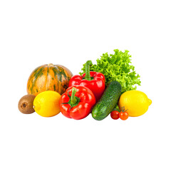 Healthy, isolated collection of fresh red, green, and yellow vegetables and fruits on a white background, including pepper, tomato, cucumber, onion, and apple, ideal for a vegetarian diet